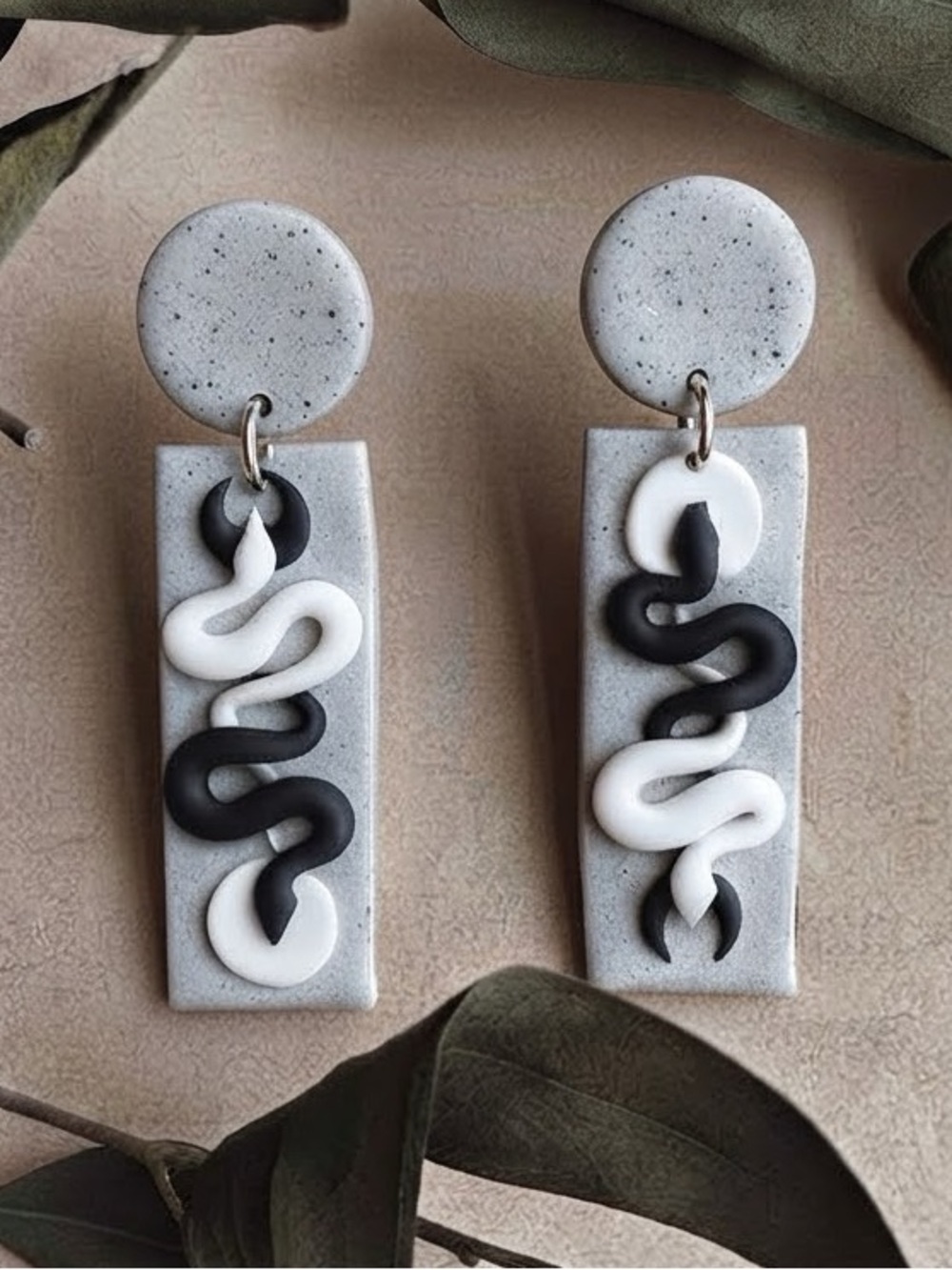 Moonlight Serpent — Dangle Studs — Handmade Earrings — Black, White & Grey